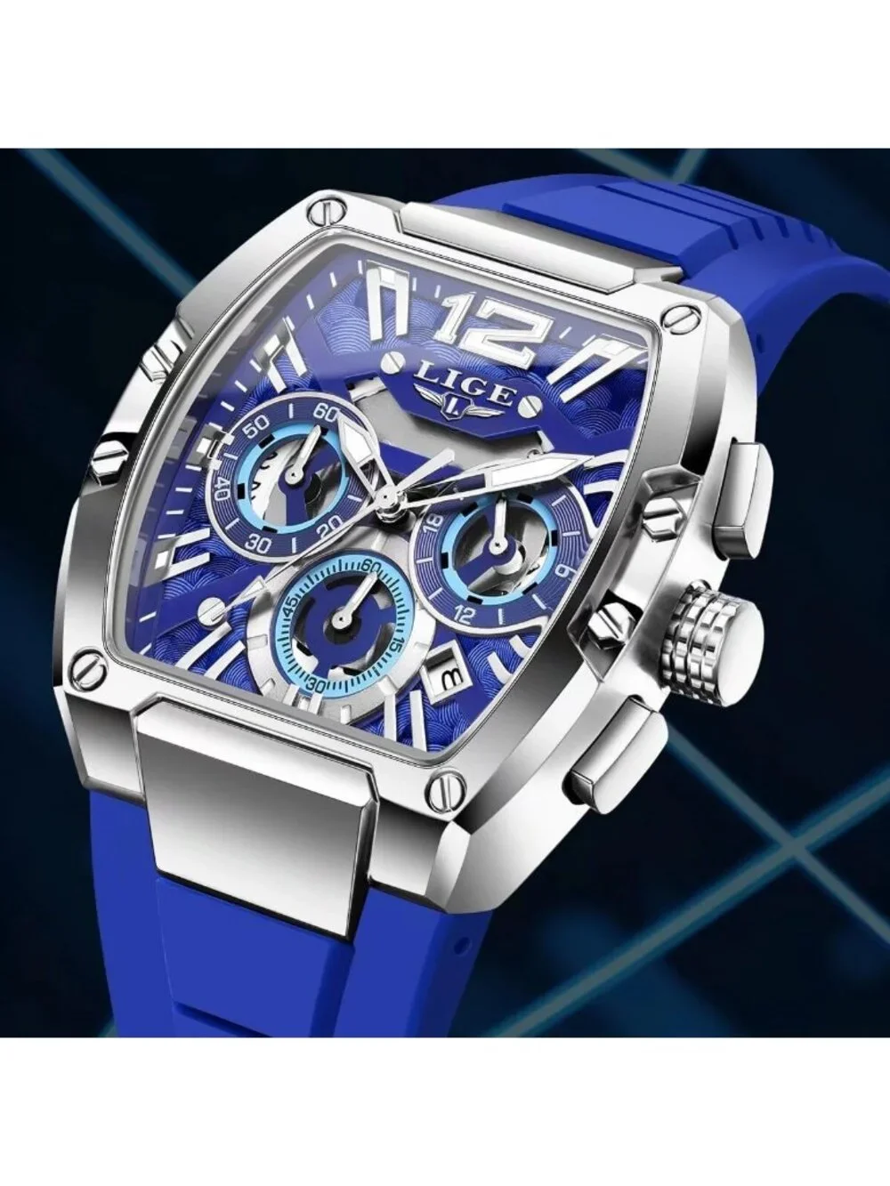 Men's Blue and Silver Square Chronograph Stainless Steel Quartz Wrist Watch